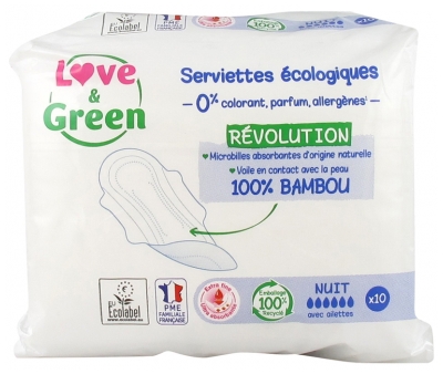 Love & Green Serviettes Hypoallergéniques Nuit 10 Serviettes