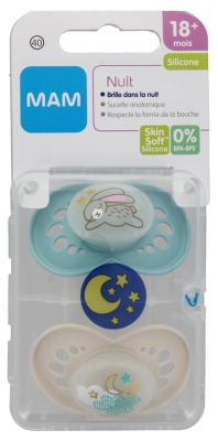 MAM Nuit 2 Sucettes Anatomiques Phosphorescentes Silicone 18 Mois +