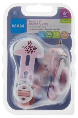 MAM Sucette Anatomique Silicone 6 Mois et + et Attache-Sucette