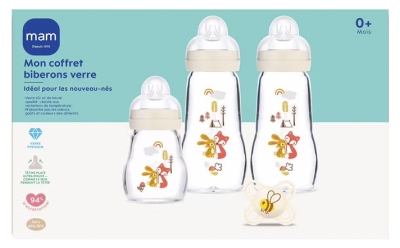 MAM 3 Biberons en Verre et 1 Sucette Mon Premier Coffret 0 Mois et +