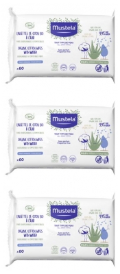 Mustela Lingettes de Coton Bio à l'Eau Lot de 3 x 60 Lingettes
