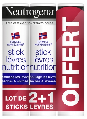 Neutrogena Stick Lèvres Nutrition Lot de 3 x 4,8 g dont 1 Offert