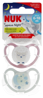 NUK Space Night 2 Sucettes Silicone 6-18 Mois