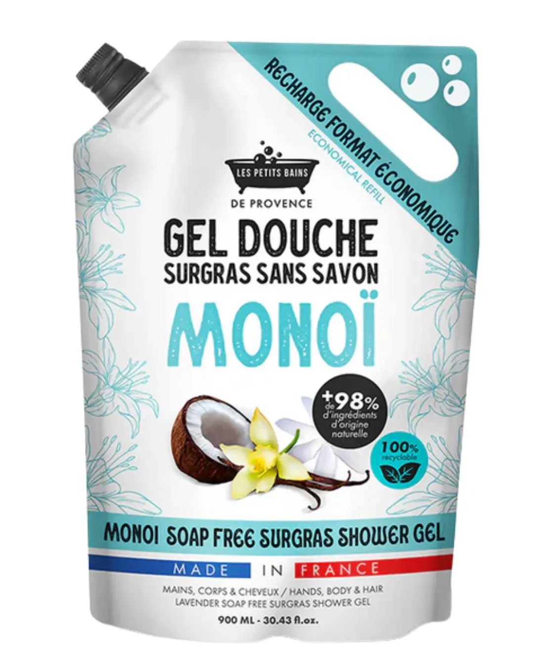 [844FgT00004w51k] Recharge Gel Douche 900ml Les Petits Bains de Provence (Monoi)