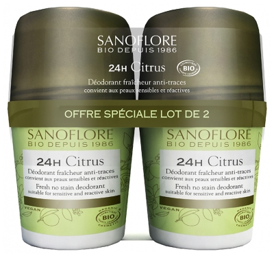 Sanoflore 24H Citrus Déodorant Fraîcheur Anti-Traces Roll-On Bio Lot 2 x 50 ml