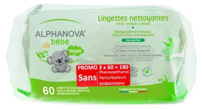 [844FgT8398547] Alphanova Bébé Lingettes Nettoyantes Sans Parfum Lot de 3 x 60 Lingettes