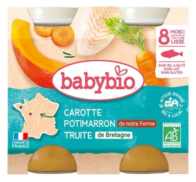 [844FgT8399225] Babybio Carotte Potimarron Truite 8 Mois et + Bio 2 Pots de 200 g