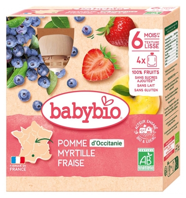 [844FgT8399226] Babybio Pomme Myrtille Fraise 6 Mois et + Bio 4 Gourdes de 90 g