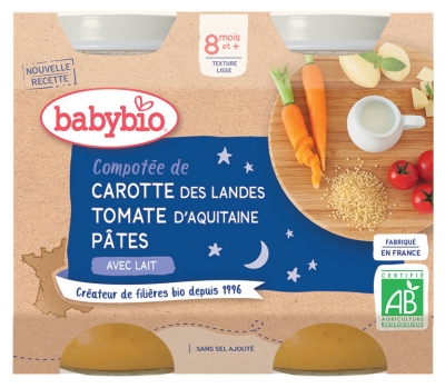 [844FgT8399227] Babybio Bonne Nuit Compotée de Carotte Tomate Pâtes 8 Mois et + Bio 2 Pots de 200 g