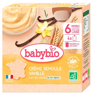 [844FgT8399229] Babybio Crème Semoule Vanille 6 Mois et + Bio 4 Gourdes de 85 g