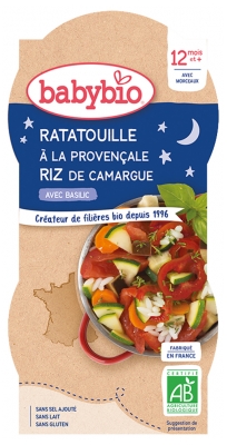 [844FgT8399230] Babybio Bonne Nuit Ratatouille à la Provençale & Riz 12 Mois et + Bio 2 Bols de 200 g