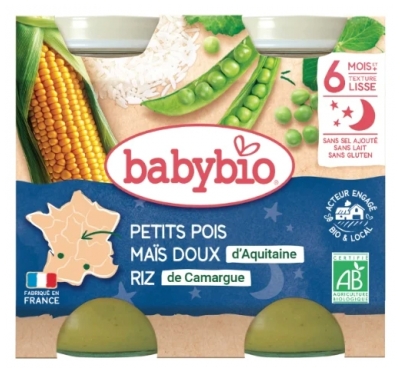 [844FgT8399231] Babybio Bonne Nuit Petits Pois Maïs Doux Riz 6 Mois et + Bio 2 Pots de 200 g