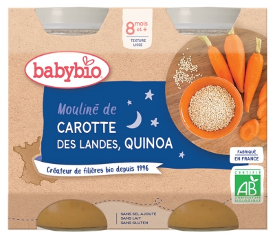[844FgT8399232] Babybio Bonne Nuit Mouliné de Carotte & Quinoa 8 Mois et + Bio 2 Pots de 200 g