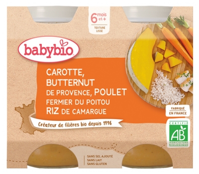 [844FgT8399240] Babybio Carotte Butternut de Provence, Poulet Fermier du Poitou Riz de Camargue 6 Mois et + Bio 2 Pots de 200 g