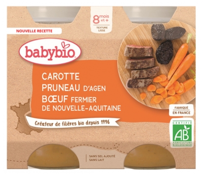[844FgT8399241] Babybio Carotte Pruneau d'Agen Boeuf Fermier de Nouvelle-Aquitaine 8 Mois et + Bio 2 Pots de 200 g