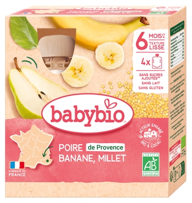 [844FgT8399248] Babybio Poire Banane Millet 6 Mois et + Bio 4 Gourdes de 90 g