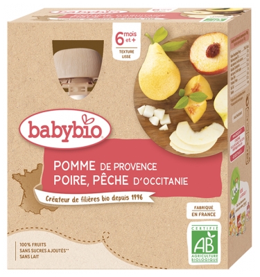 [844FgT8399249] Babybio Pomme Poire Pêche 6 Mois et + Bio 4 Gourdes de 90 g