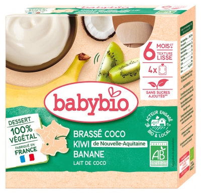 [844FgT8399263] Babybio Brassé Végétal Coco Kiwi Banane 6 Mois et + Bio 4 Gourdes de 85 g
