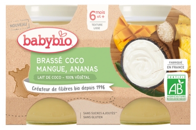 [844FgT8399266] Babybio Brassé Végétal Coco Mangue Ananas 6 Mois et + Bio 2 Pots de 130 g