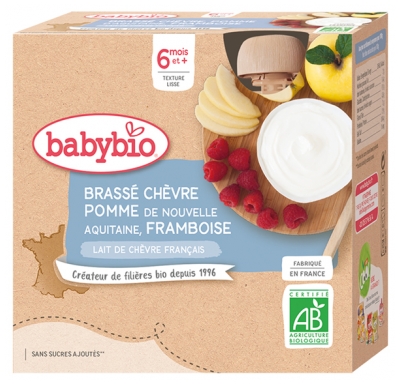 [844FgT8399279] Babybio Brassé Chèvre Pomme de Nouvelle Aquitaine, Framboise 6 Mois et + Bio 4 Gourdes de 85 g