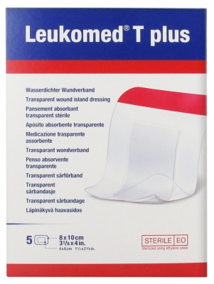 [844FgT8425785] Essity Leukomed T Plus 5 Pansements Absorbants Transparents Stériles 8 x 10 cm