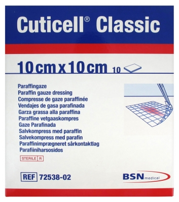 [844FgT8425804] Essity Cuticell Classic 10 Compresses de Gaze Paraffinée 10 cm x 10 cm