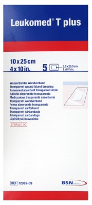 [844FgT8425805] Essity Leukomed T Plus 5 Pansements Absorbants Transparents Stériles 10 x 25 cm